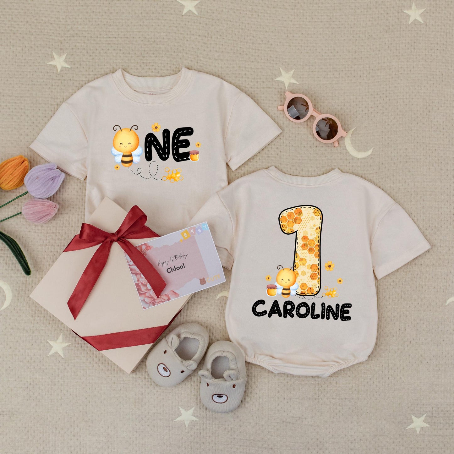 Personalized Bee Happy Birthday Romper, First Birthday Outfit Baby Girl, Custom Name Bee 1st Birthday Bodysuit, Bee Lover Outfit Cute Party Clothes