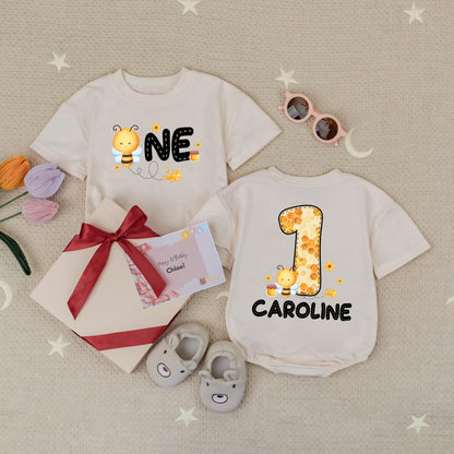 Personalized Bee Happy Birthday Romper, First Birthday Outfit Baby Girl, Custom Name Bee 1st Birthday Bodysuit, Bee Lover Outfit Cute Party Clothes