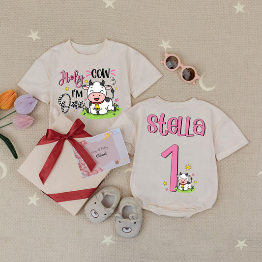 Personalized Holy Cow I'm One 1st Birthday Baby Girl Romper Custom Farm Outfit Cheerful Pink Cow Print Babysuit Whimsical Infant Milestone Celebration
