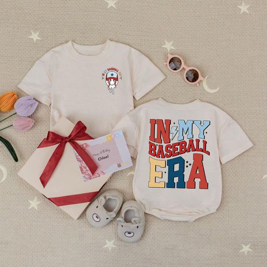 In My Baseball Era Baby Romper: Retro Game Day Outfit with Melting Baseball Graphic, Stars, Red, Yellow & Blue Design, Infant Baseball Season Babysuit 139