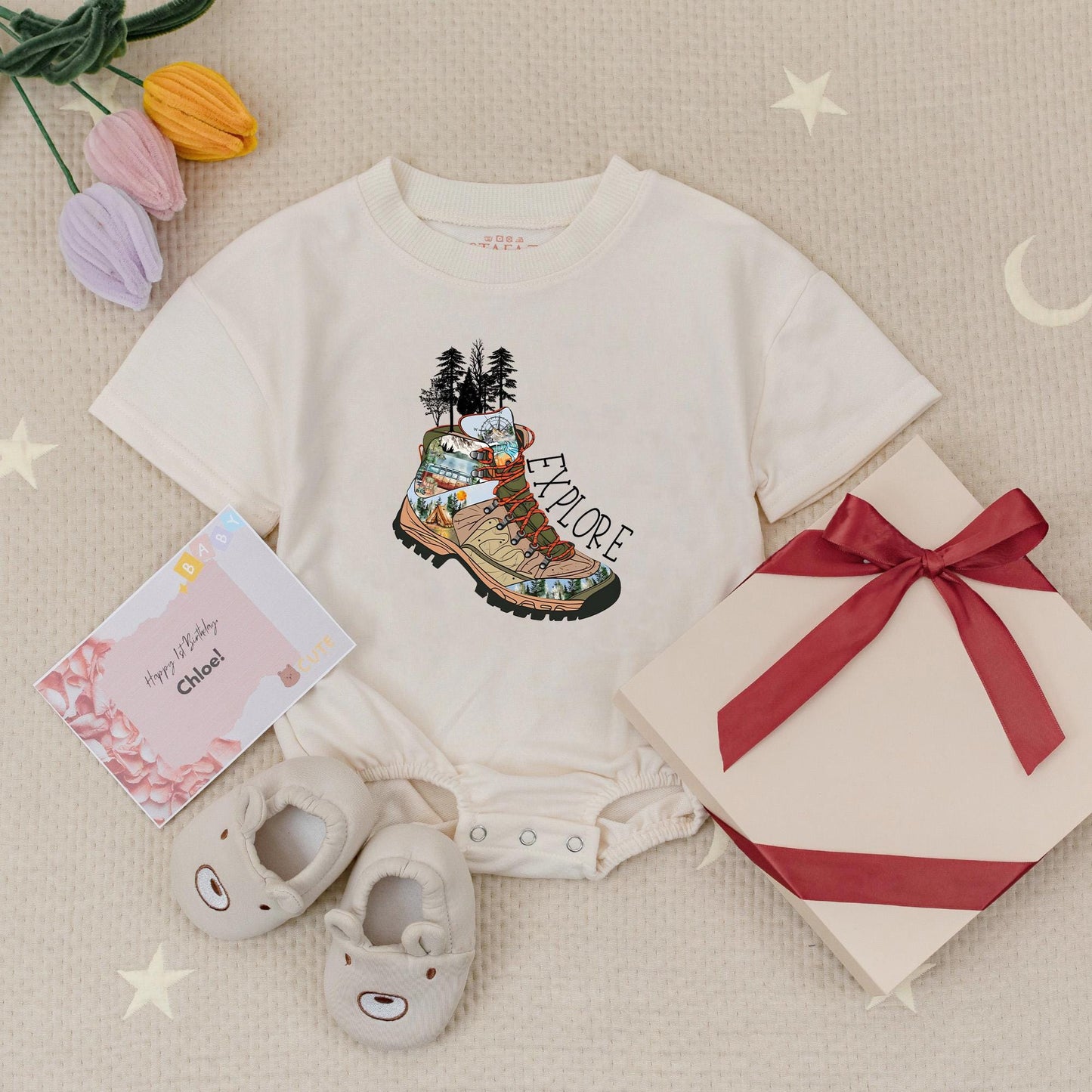 Explore the Outdoors Baby Romper: Hiking Boot Adventure Bodysuit for Little Campers, Cute Earth Tone Mountain Scene Clothes for Hiking Buddies (140 chars)