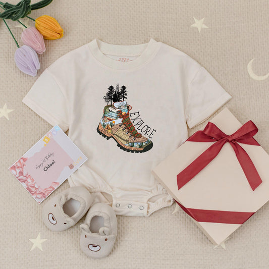 Explore the Outdoors Baby Romper: Hiking Boot Adventure Bodysuit for Little Campers, Cute Earth Tone Mountain Scene Clothes for Hiking Buddies (140 chars)