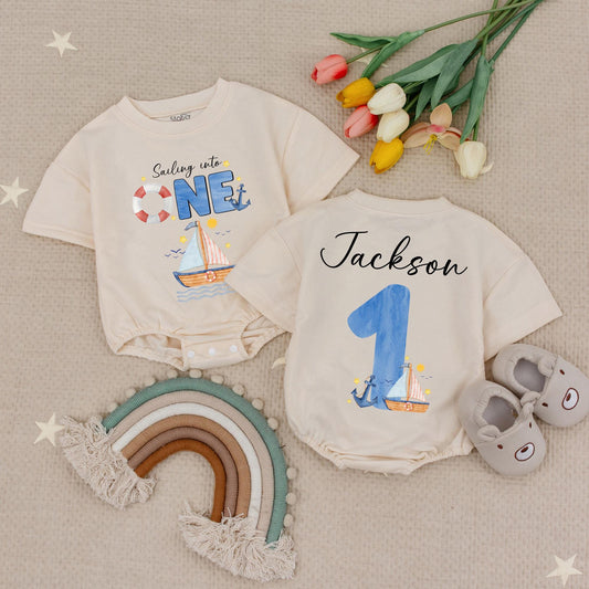 Baby Boating Anchor Romper First Birthday Outfit Nautical Summer Sea Announcement Baby Boy or Girl Cotton Romper Gift Under the Sea