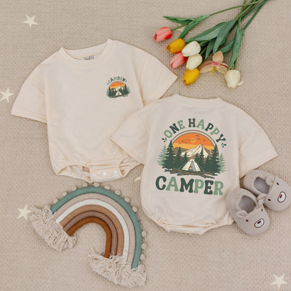 Personalized Happy Camper Romper: Sunset Mountain First Birthday Outfit, Cute Baby Bodysuit for Summer Camping Crew Adventure, Custom Name Outfit 139
