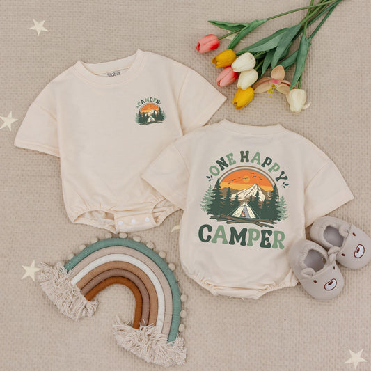 Personalized Happy Camper Romper: Sunset Mountain First Birthday Outfit, Cute Baby Bodysuit for Summer Camping Crew Adventure, Custom Name Outfit 139