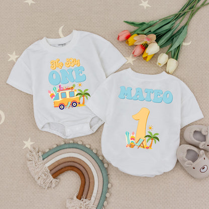 Personalized Mateo The Big One Retro Surf Bus Birthday Romper for Baby Boy First Birthday Catch Wave Outfit Summer Style