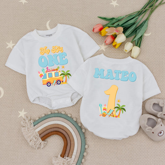 Personalized Mateo The Big One Retro Surf Bus Birthday Romper for Baby Boy First Birthday Catch Wave Outfit Summer Style