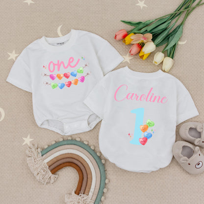 Personalized Candy Hearts First Birthday Romper for Baby Girl with Pastel Love You Be Mine Messages One Year Old Babysuit