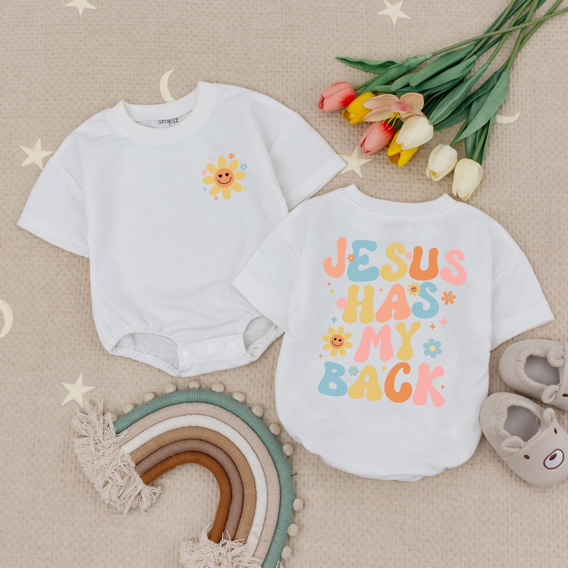 Jesus Has My Back Baby Romper Christian Religious Boho Kid Gift Floral Babysuit Infant Toddler Cute Church Clothes Cotton