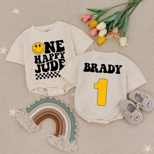 Personalized One Happy Jude Romper First Birthday Bodysuit Retro Smiley Face Outfit Baby Custom Name Checkerboard Clothes Party Gift, Boy or Girl (139 chars)
