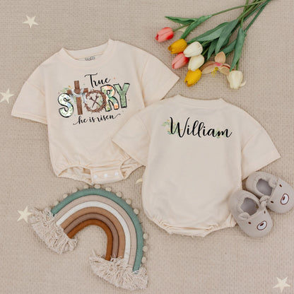 True Story Floral Easter Baby Bodysuit, He is Risen Outfit, Custom Name Romper, Christian Gift, Floral Accent, Baby Boy Girl Clothes 138 chr