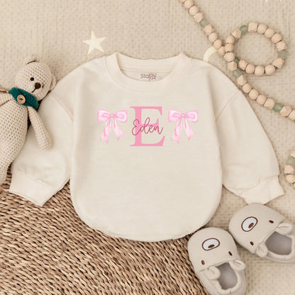 Custom Name Baby Girl Romper Sweatshirt with Bow | Personalized Infant Outfit Shower Gift | Cute Baby Clothes Idea for 1st Birthday