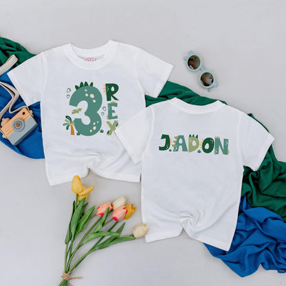 Personalized Three Rex Dinosaur Birthday T-Shirt 3rd Birthday Boy Outfit Toddler Tee Custom Name Roar Party Gift