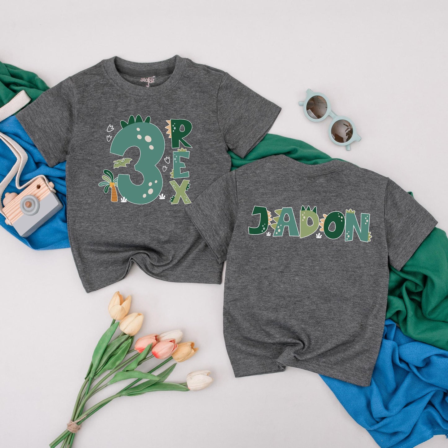 Personalized Three Rex Dinosaur Birthday T-Shirt 3rd Birthday Boy Outfit Toddler Tee Custom Name Roar Party Gift