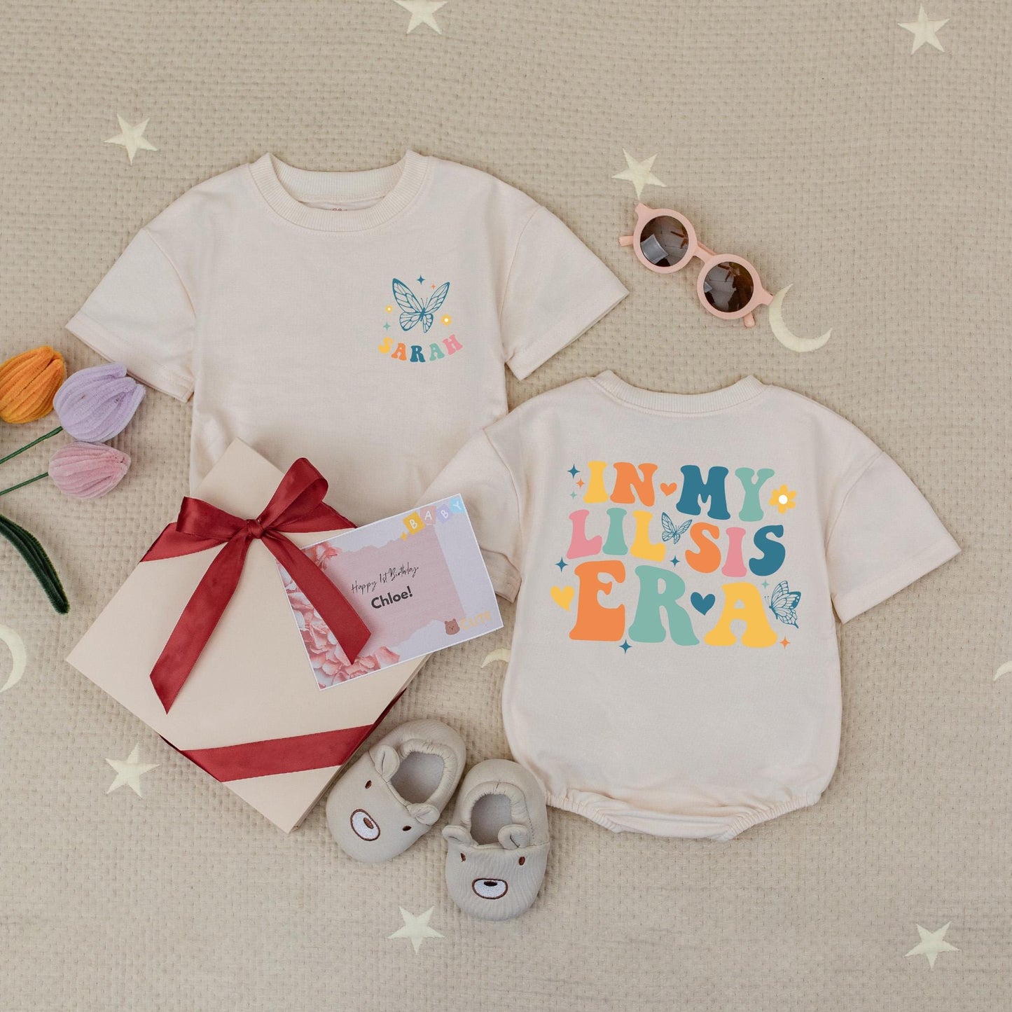 Personalized Retro Lil Sis Baby Romper, In My Lil Sis Era Bodysuit, Cute Little Sister Girl Outfit Natural Soft Cotton Blend Pregnancy Reveal Gift