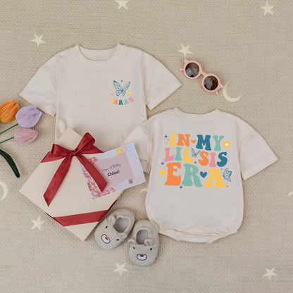 Personalized Retro Lil Sis Baby Romper, In My Lil Sis Era Bodysuit, Cute Little Sister Girl Outfit Natural Soft Cotton Blend Pregnancy Reveal Gift
