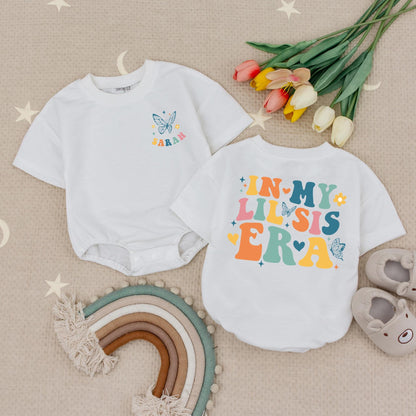 Personalized Retro Lil Sis Baby Romper, In My Lil Sis Era Bodysuit, Cute Little Sister Girl Outfit Natural Soft Cotton Blend Pregnancy Reveal Gift