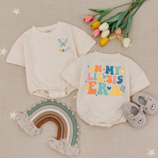 Personalized Retro Lil Sis Baby Romper, In My Lil Sis Era Bodysuit, Cute Little Sister Girl Outfit Natural Soft Cotton Blend Pregnancy Reveal Gift