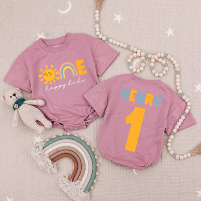 Custom One Happy Dude Sun Baby Romper 1st Birthday Outfit Boy, Sun Birthday Bodysuit, One Cool Dude Baby Clothes
