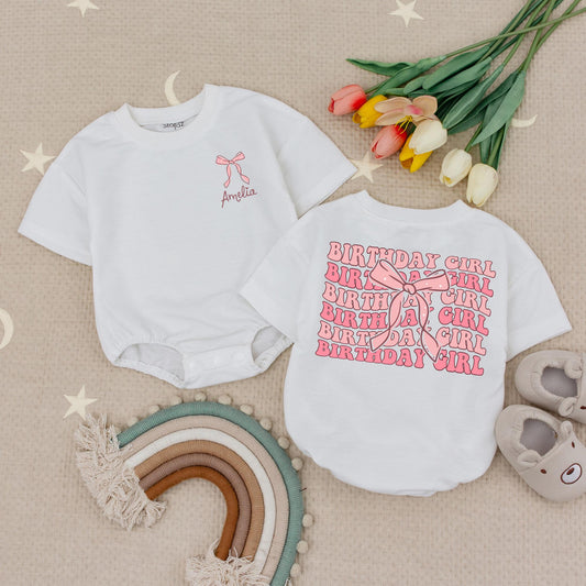 Personalized Pink Bow Birthday Girl Romper Custom Name 1st Birthday Outfit Baby Girl Bodysuit Cute Party Outfit