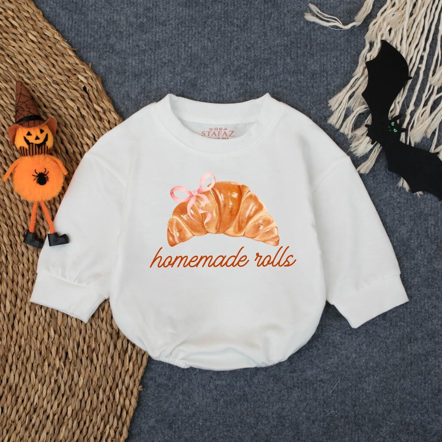 Cozy Fall Croissant Bodysuit Oversized Baby Girl Romper with Bow Thanksgiving Holiday Outfit