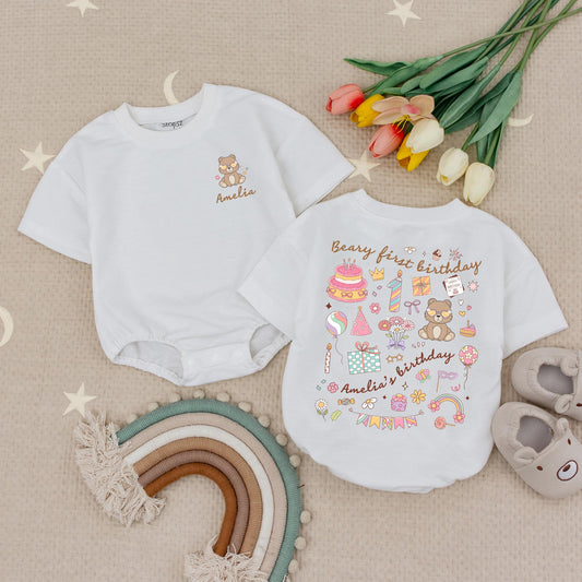 Personalized Beary First Birthday Baby Romper, Cute Bear Design for Baby Girl or Boy, Custom 1st Birthday Outfit, Pastel Colors