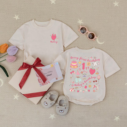 Custom Name Berry First Birthday Baby Girl Romper Strawberry Fruit Theme Cute 1st Celebration Outfit Soft Cotton Summer Bodysuit Gift