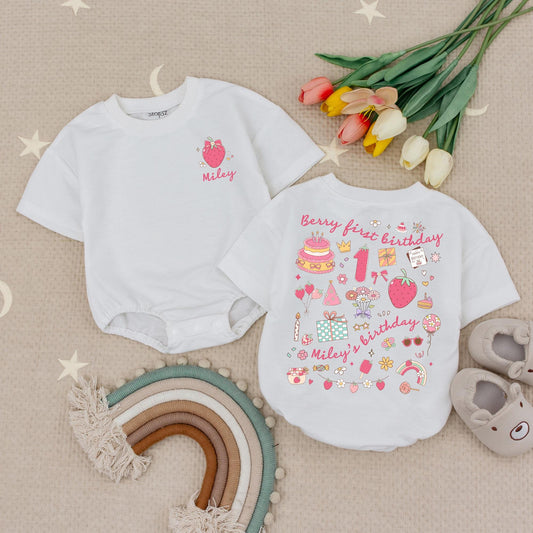 Custom Name Berry First Birthday Baby Girl Romper Strawberry Fruit Theme Cute 1st Celebration Outfit Soft Cotton Summer Bodysuit Gift
