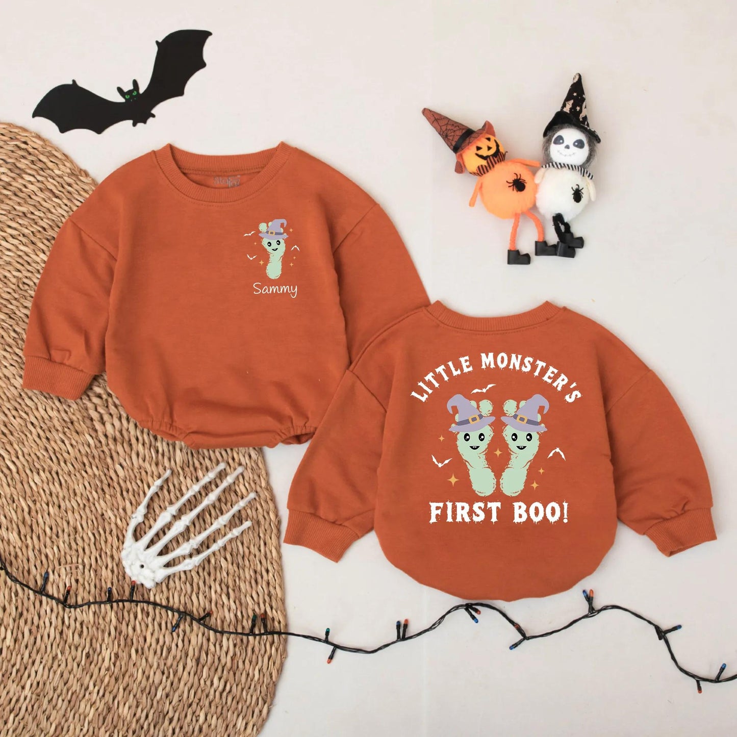Little Monster's First Boo! Personalized Halloween Romper, Sammy's Custom Name Outfit, Witch Hat Footprints Infant Bodysuit, Cute Spooky Baby Gift 137