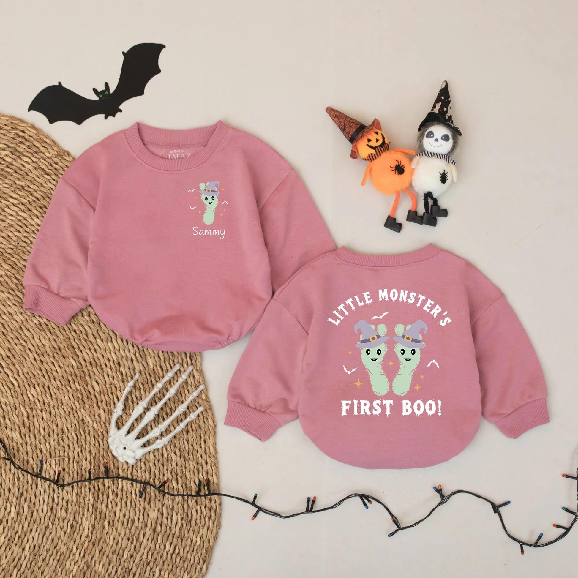 Little Monster's First Boo! Personalized Halloween Romper, Sammy's Custom Name Outfit, Witch Hat Footprints Infant Bodysuit, Cute Spooky Baby Gift 137