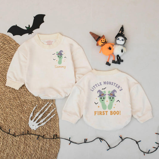 Little Monster's First Boo! Personalized Halloween Romper, Sammy's Custom Name Outfit, Witch Hat Footprints Infant Bodysuit, Cute Spooky Baby Gift 137
