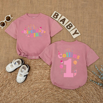 First Birthday Girl Romper Custom Name & Balloon Design, Baby Girl 1st Birthday Outfit, Bubble Romper, Cake Smash Photo Prop