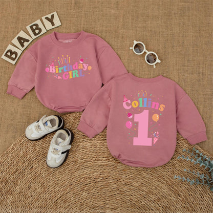First Birthday Girl Romper Custom Name & Balloon Design, Baby Girl 1st Birthday Outfit, Bubble Romper, Cake Smash Photo Prop