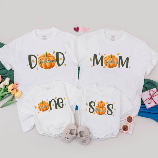 Personalized Family Pumpkin T-Shirts & Romper for Fall Birthdays and Thanksgiving Outfits
