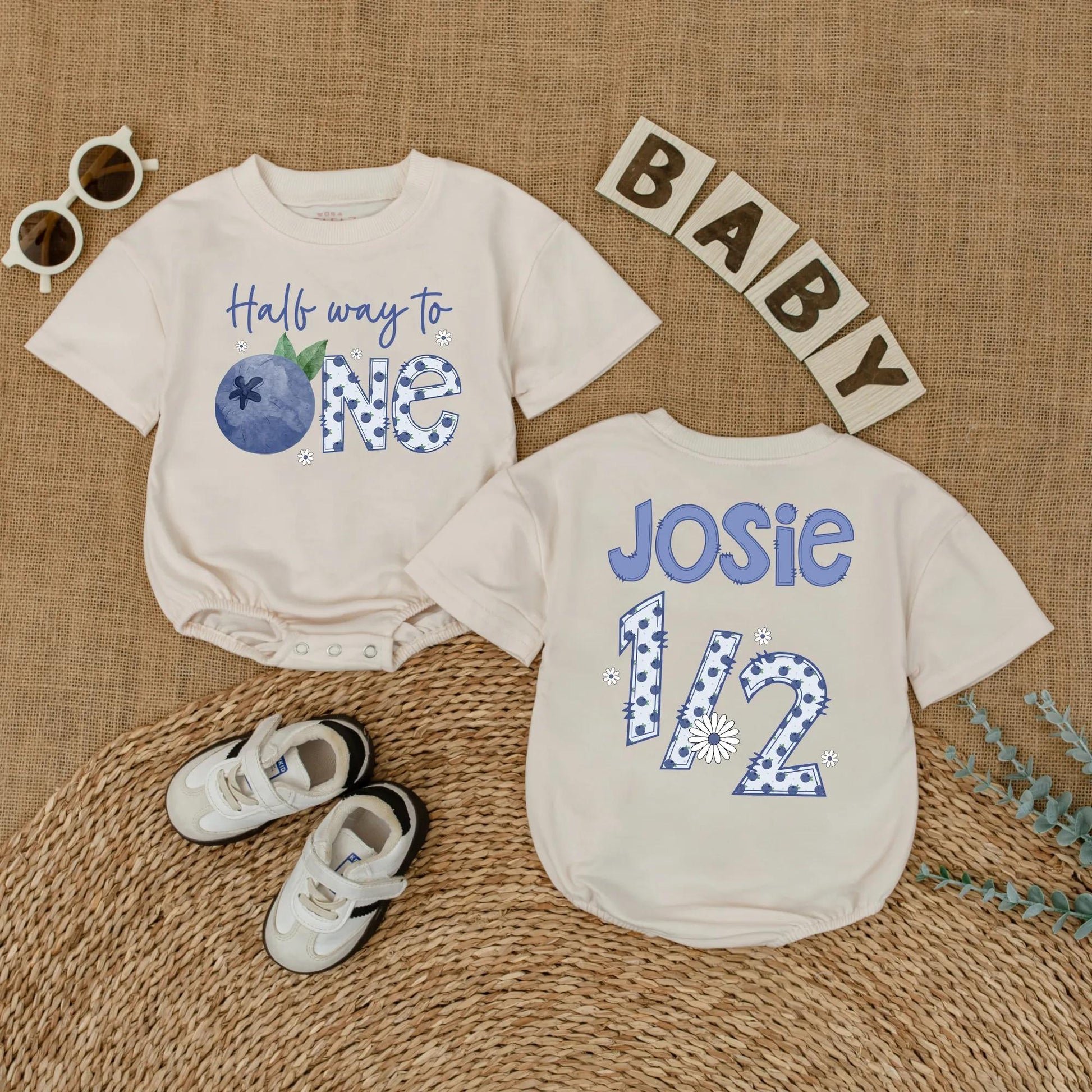 Personalized Blueberry Baby Girl Romper Half Birthday Outfit 6 Months Old Short Sleeve Bubble Bodysuit Half Year Celebration Unique Gift