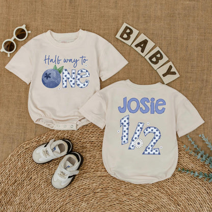 Personalized Blueberry Baby Girl Romper Half Birthday Outfit 6 Months Old Short Sleeve Bubble Bodysuit Half Year Celebration Unique Gift