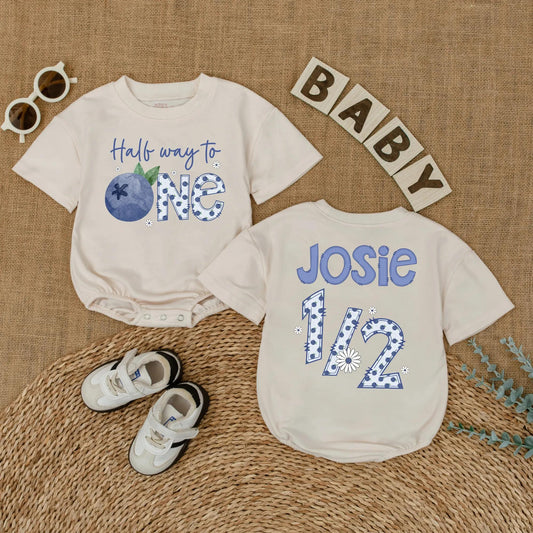 Personalized Blueberry Baby Girl Romper Half Birthday Outfit 6 Months Old Short Sleeve Bubble Bodysuit Half Year Celebration Unique Gift