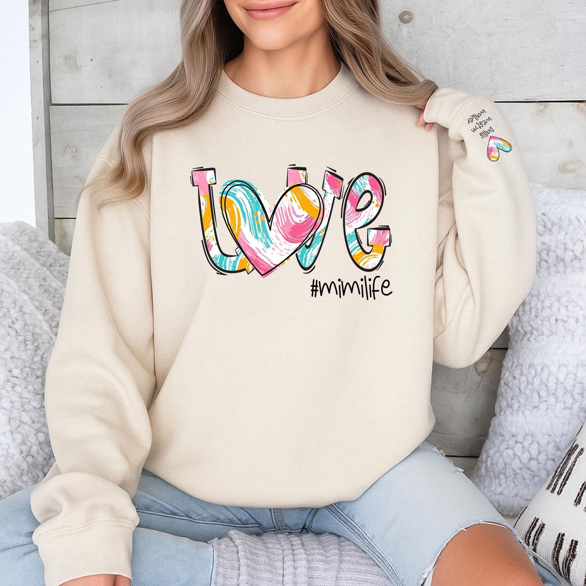 Personalized Mimi Sweatshirt with Grandkids Names on Sleeve, a cozy Mimilife Autumn Sweater Gift for Grandmas and Nanas