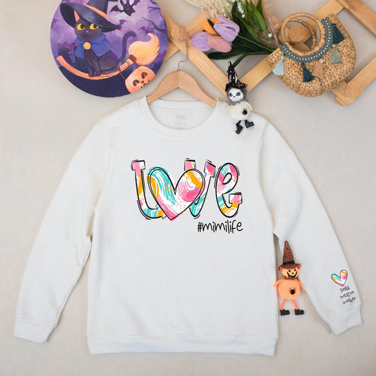 Personalized Mimi Sweatshirt with Grandkids Names on Sleeve, a cozy Mimilife Autumn Sweater Gift for Grandmas and Nanas