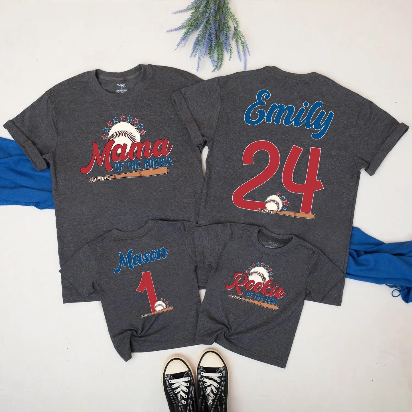 Matching Rookie of the Year Baseball Family Shirts, Custom Name & Number for Mom, Baby & Toddler's 1st Birthday! Baseball Season Ready