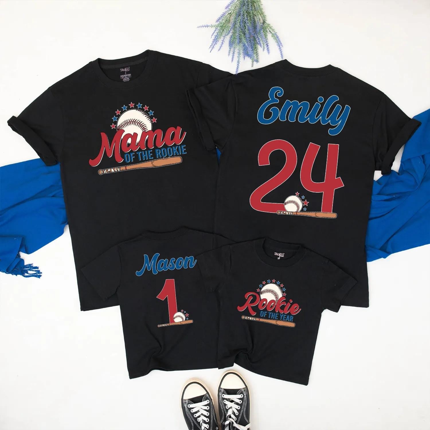 Matching Rookie of the Year Baseball Family Shirts, Custom Name & Number for Mom, Baby & Toddler's 1st Birthday! Baseball Season Ready