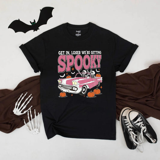 Get In, Loser We're Getting Spooky Pink Retro Halloween Car Shirt, Spooky Couple Tee, Fall Party Outfit