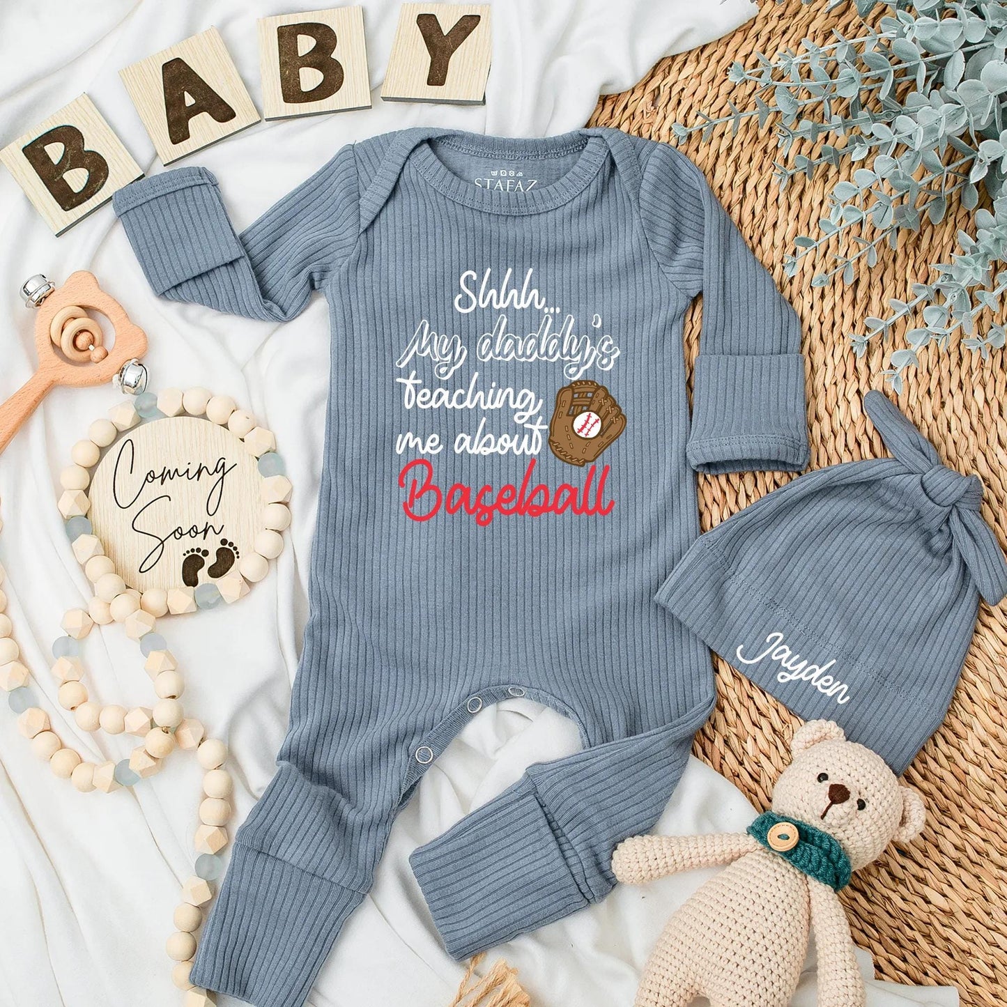 Shhh...My Daddy's Teaching Me Baseball Bodysuit Funny Baby Outfit Custom Newborn Romper Baseball with Daddy Sports Baby Boy Gift