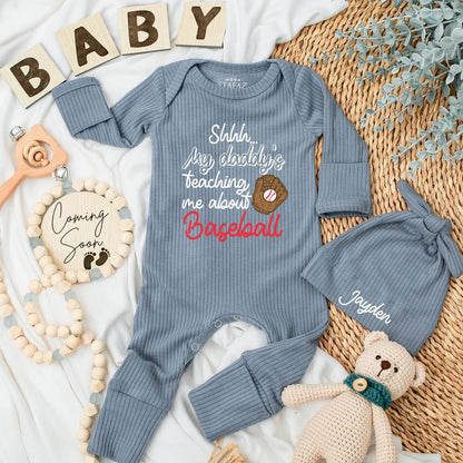 Shhh...My Daddy's Teaching Me Baseball Bodysuit Funny Baby Outfit Custom Newborn Romper Baseball with Daddy Sports Baby Boy Gift