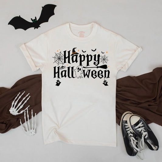Happy Halloween Shirt Witch Hat Ghost Broomstick Cute Spooky Fall Graphic Tee