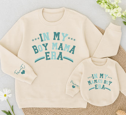Personalized In My Boy Mama Era Sweatshirt Custom Name Sleeve Script Heart Teal Blue Script Font Mama Gift