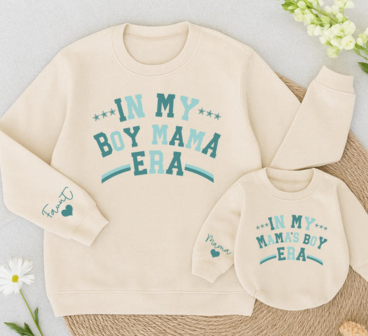 Personalized In My Boy Mama Era Sweatshirt Custom Name Sleeve Script Heart Teal Blue Script Font Mama Gift