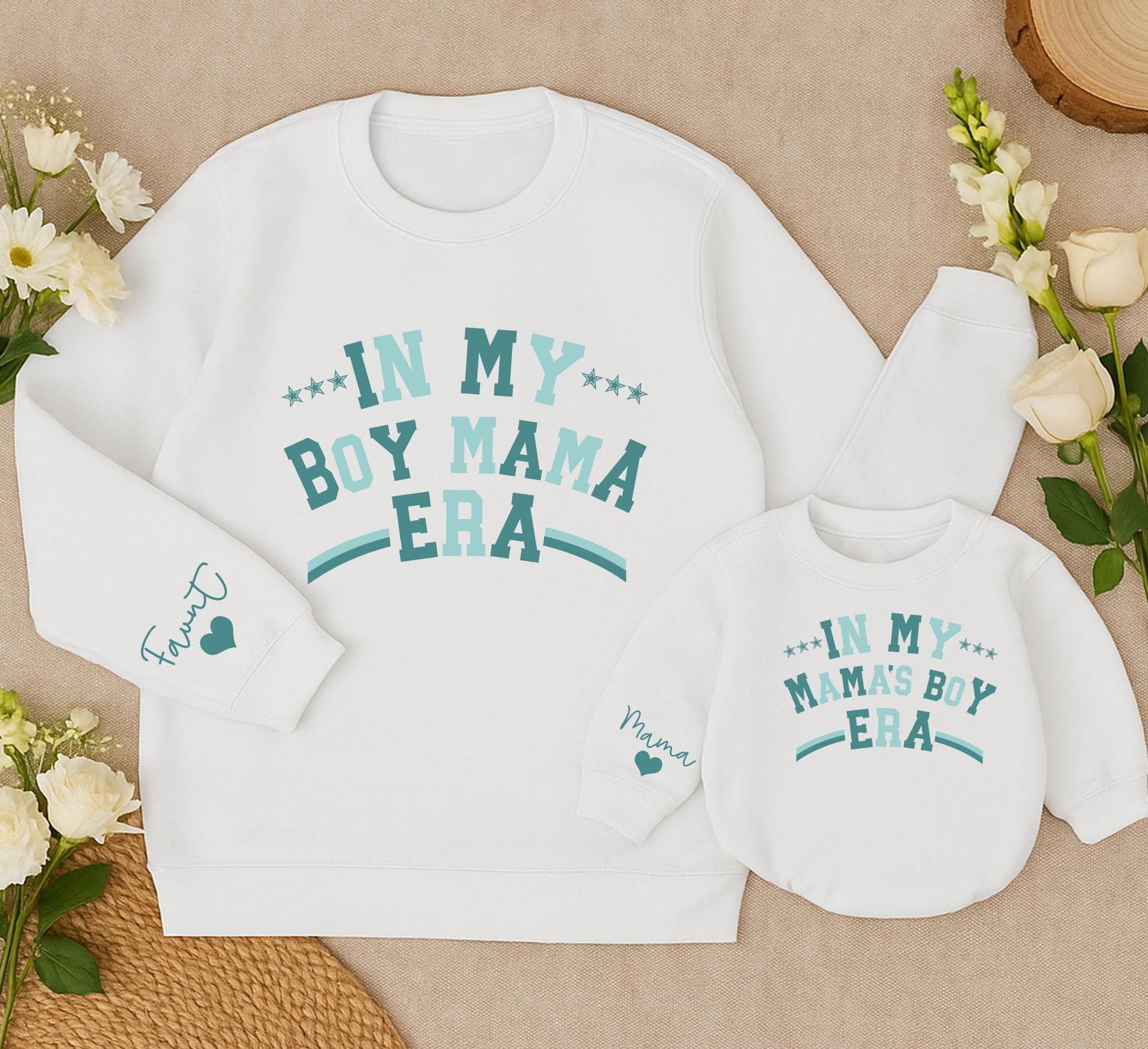 Personalized In My Boy Mama Era Sweatshirt Custom Name Sleeve Script Heart Teal Blue Script Font Mama Gift