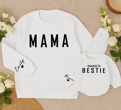 Personalized Mama and Bestie Sweatshirt with Name on Sleeve Matching Family Gift Soft Cotton Comfortable Holiday Outfit