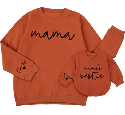 Mama & Mama's Bestie Matching Sweatshirt Set Minimalist Cursive Mom Daughter Outfit Cozy Family Gift